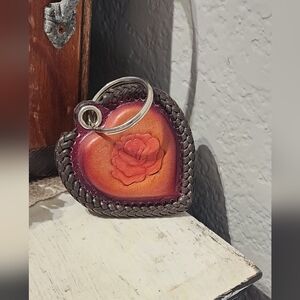 Beautiful Handmade Leather Keychain - Flower Focal, sewn braided edges